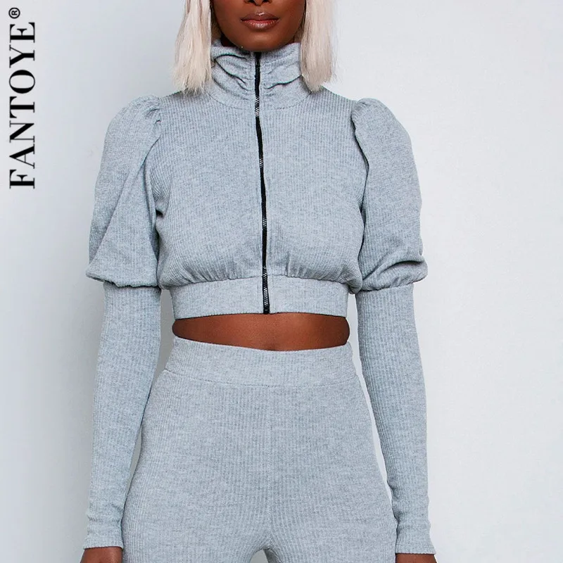 FANTOYE Casual Black Turtleneck Two Piece Set Jumpsuit Women Cotton Puff Sleeve Crop Top And Pants Elastic Sweatshirt Suits | Женская