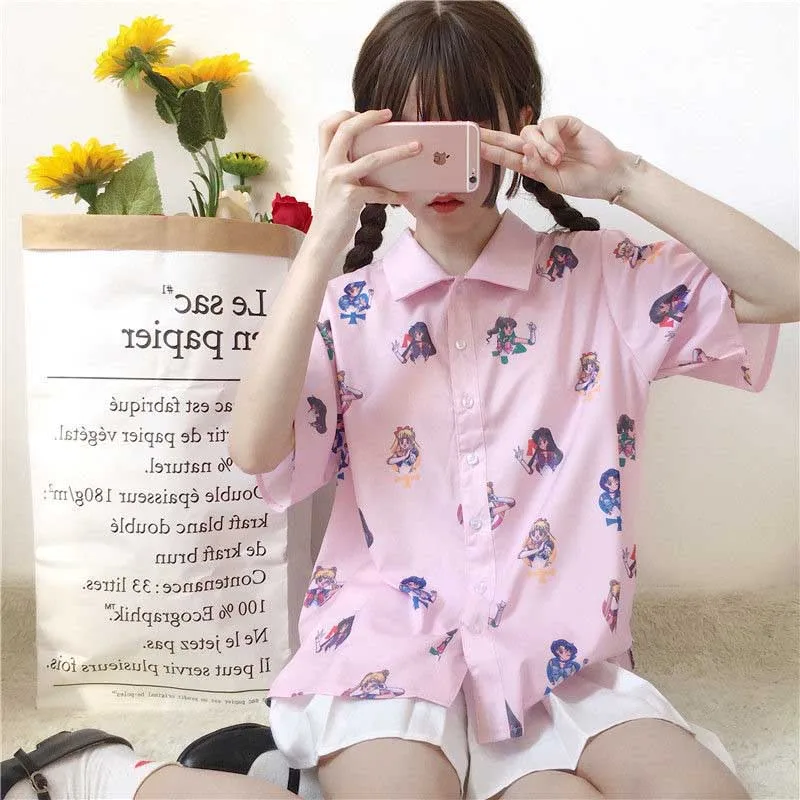 NiceMix летняя Harajuku блуза с коротким рукавом женская с принтом Сейлор Мун кавайные Топы повседневные рубашки размера плюс женские блузы