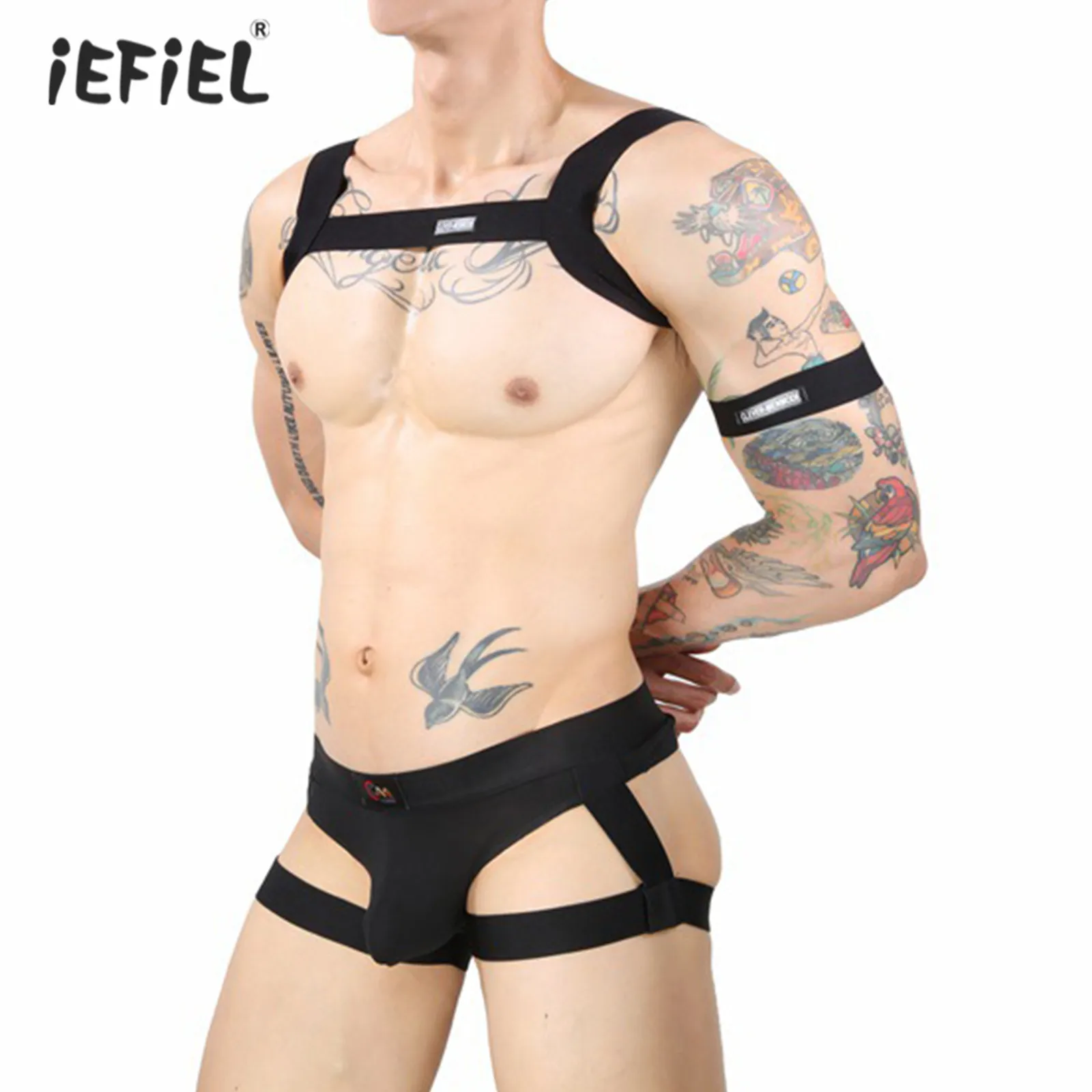 

Mens Erotic Lingerie Suit Nightclub Stage Performance Costume Shoulder Chest Harness Belt Tank Top with Garter Briefs Armband