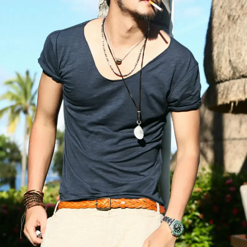 

2021 Summer T-shirt Male V-neck Big Neckline Low-Cut Slim Fit T-shirt Pure Color All-Matching Breathable Top Fashion