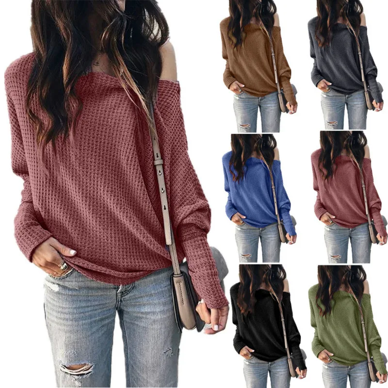 Women's T-Shirt Oblique Collar Strapless Lantern Long Sleeve Bat Autumn Casual Top strapless halter Solid color pullover tops | Женская