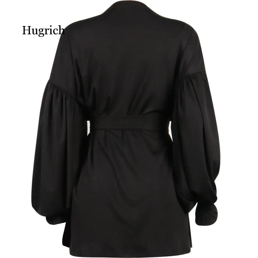 Женское Короткое платье-рубашка с длинным рукавом-фонариком и глубоким