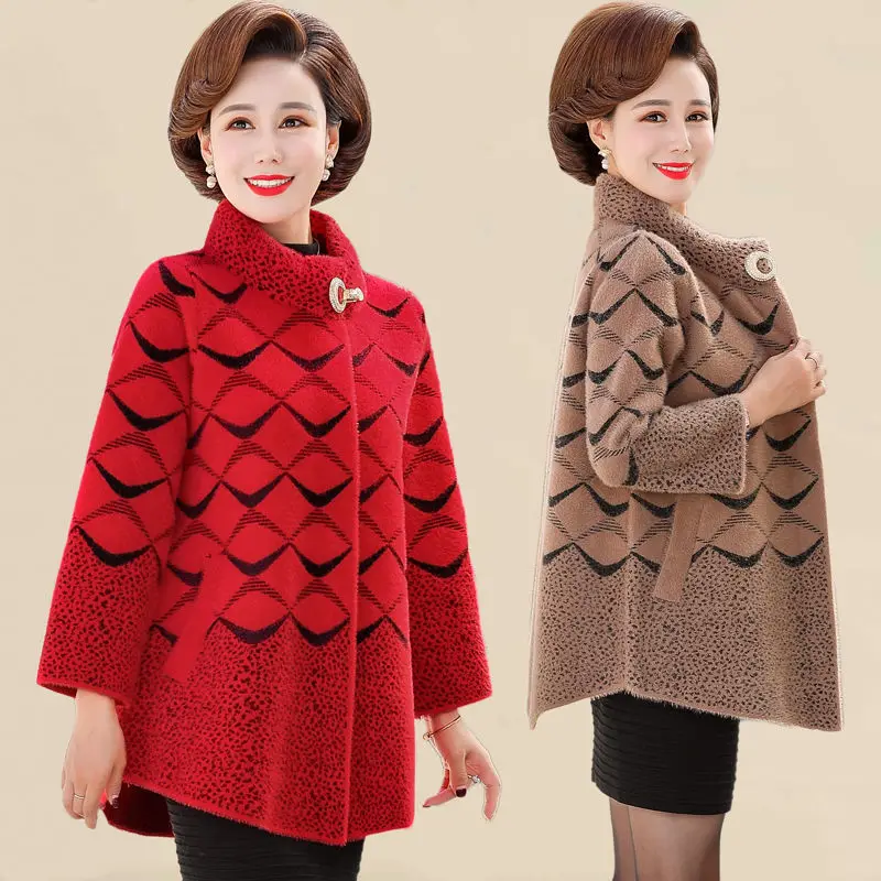 

Women Winter Jacket High Quality Thick Imitation Mink Cashmere Coat Middle-aged Mother Long Sleeve Knit Sweater Cardigan Jacket