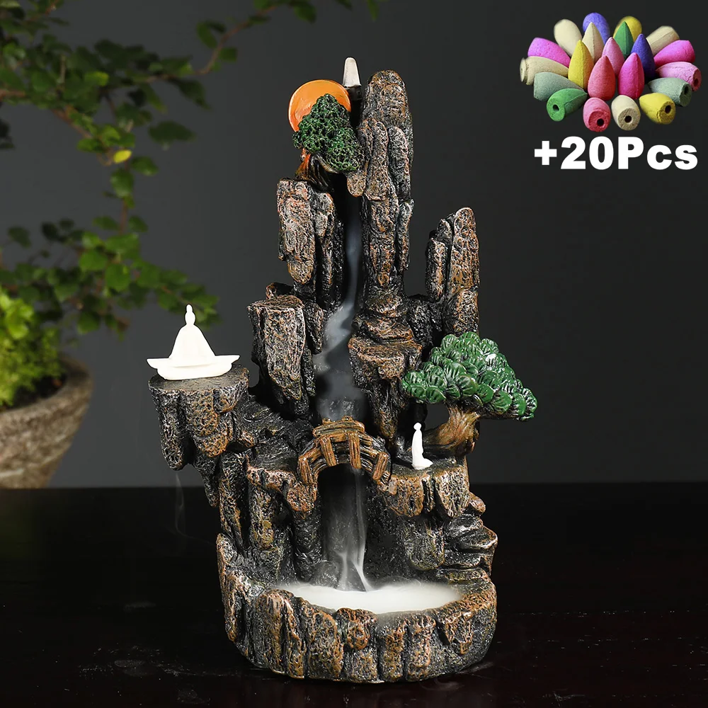 

Handmade Resin Craft Gift Rockery Waterfall Landscape Backflow Incense Burner Zen Monk Meditation Buddha Incense Diffuser