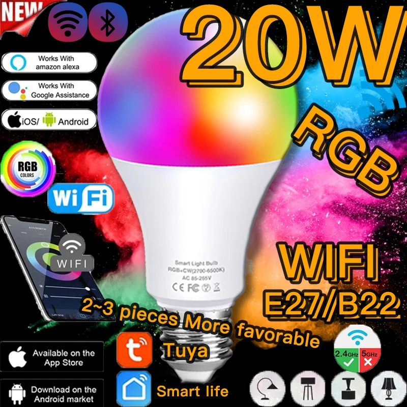 

Умная лампа с Wi-Fi, 16 режимов, 20 Вт, RGB, E27 B22, с регулируемой яркостью, светодиодная волшебная лампа с Wi-Fi, 220 В переменного тока, работает с Alexa Google...