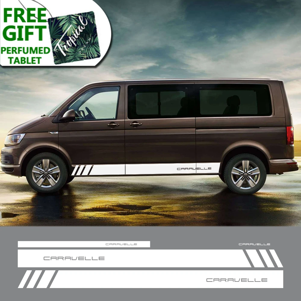 

4PCS Car Door Side Decals Skirt Stripes Stickers For Volkswagen VW Caravelle Transporter T4 T5 T6 DIY Auto Tuning Accessories
