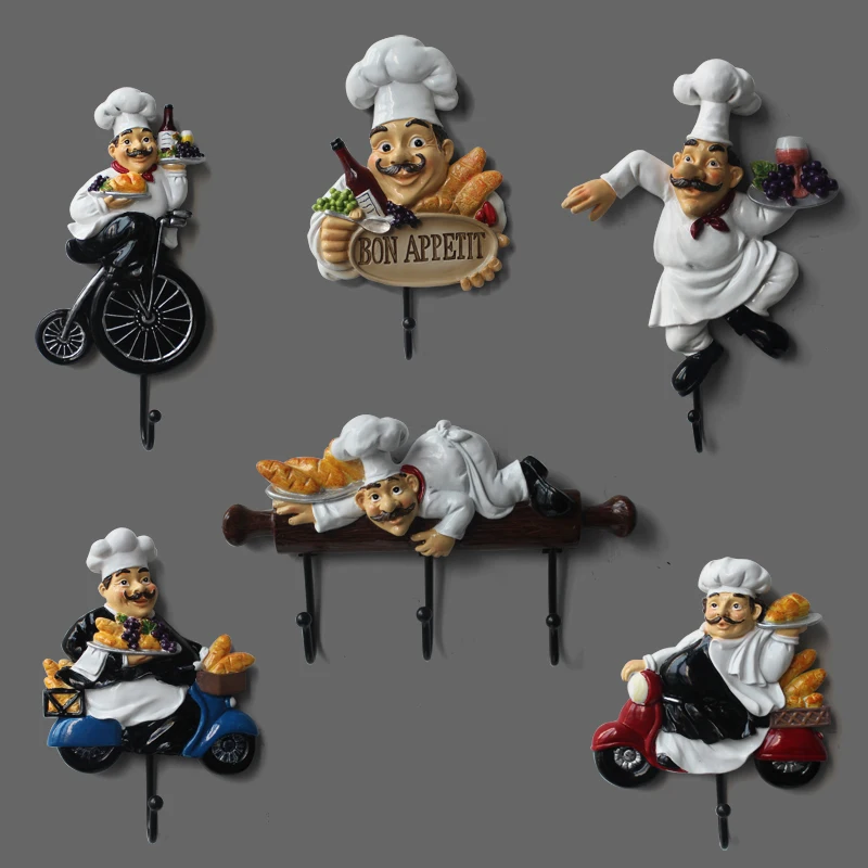 Мультфильм смолы статуэтка шеф-повара дома ремесел Кухня крючок на стене висит