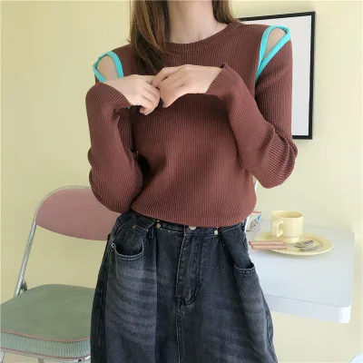 

2020 INS Women Short Knitted Hit Color Sweater Autumn Korean Style Long Sleeve Pullover Vadim Hollow Jumper Sweater Pull Femme