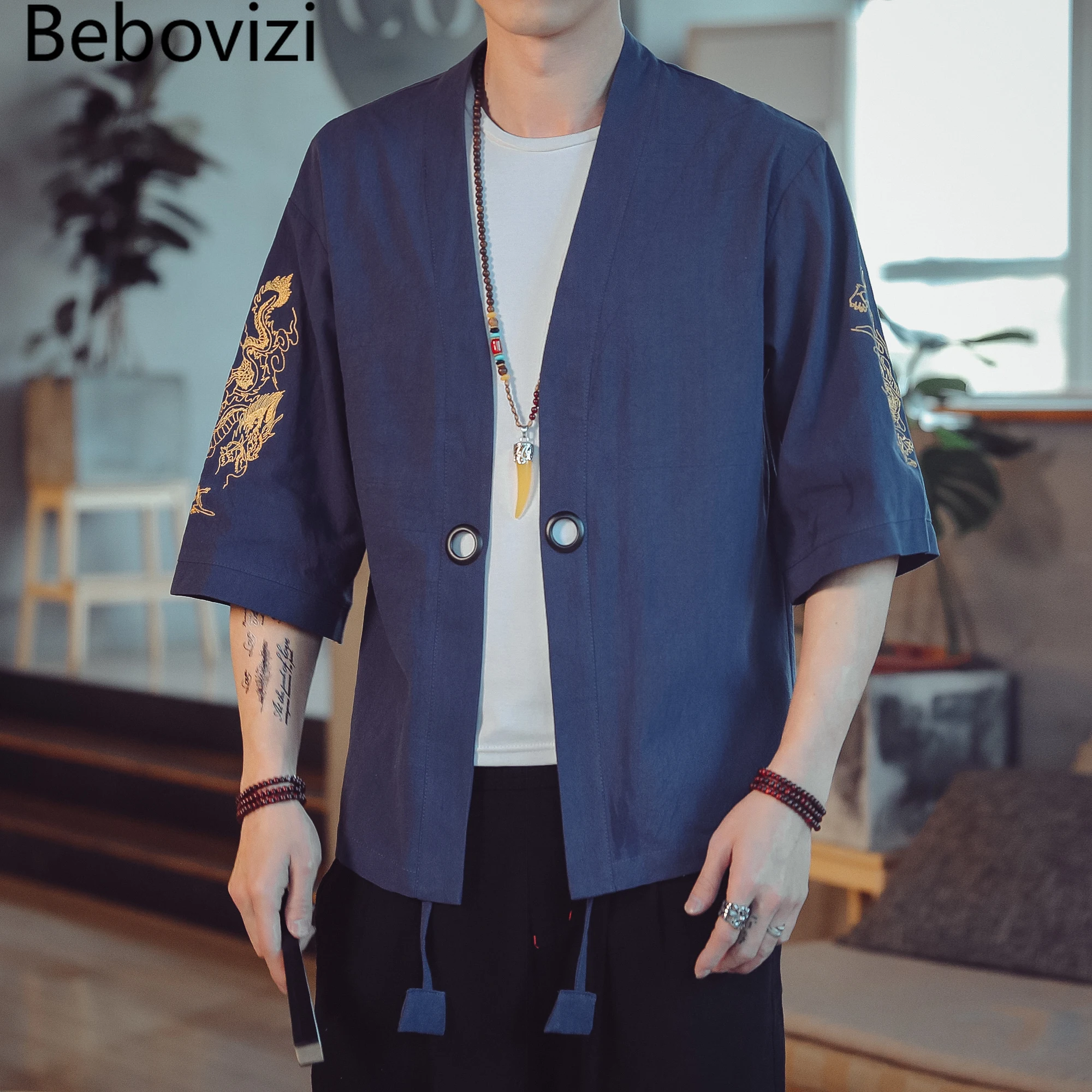 Кимоно Bebovizi мужское хлопковое китайский дракон вышивка топ свободного кроя
