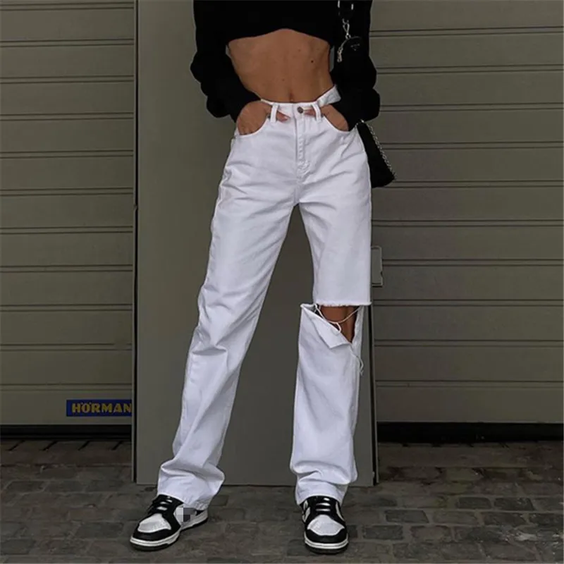

Autumn Fashion Streetwear Safari Style Holes Ripped White High Waist Woman Casual Cargo Denim Pants Girl Jeans Straight Jeans