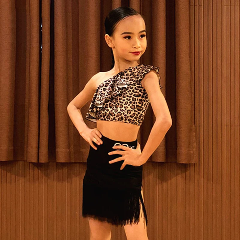 2021 костюмы для латинских танцев Короткие леопардовые топы черная юбка с бахромой