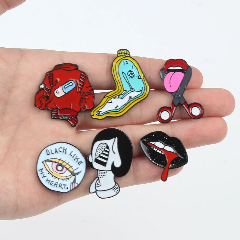 Artist Brooch！ Eyeliner Lips Pill Tongue Enamel Pins Twisted Clock Girl Badge Brooches Denim Jackets Lapel Pin Punk Cool Jewelry