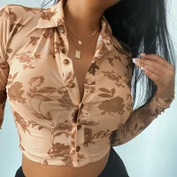 summer y2k women blouse vintage floral long sleeve shirt top single breasted printed see through crop tops streetwear