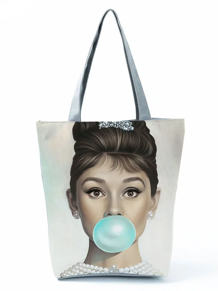 Audrey Hepburn Blowing Bubbles Printed Handbag Classic High Capacity Women Shoulder Bag Eco Reusable Shopping Bag Custom Pattern