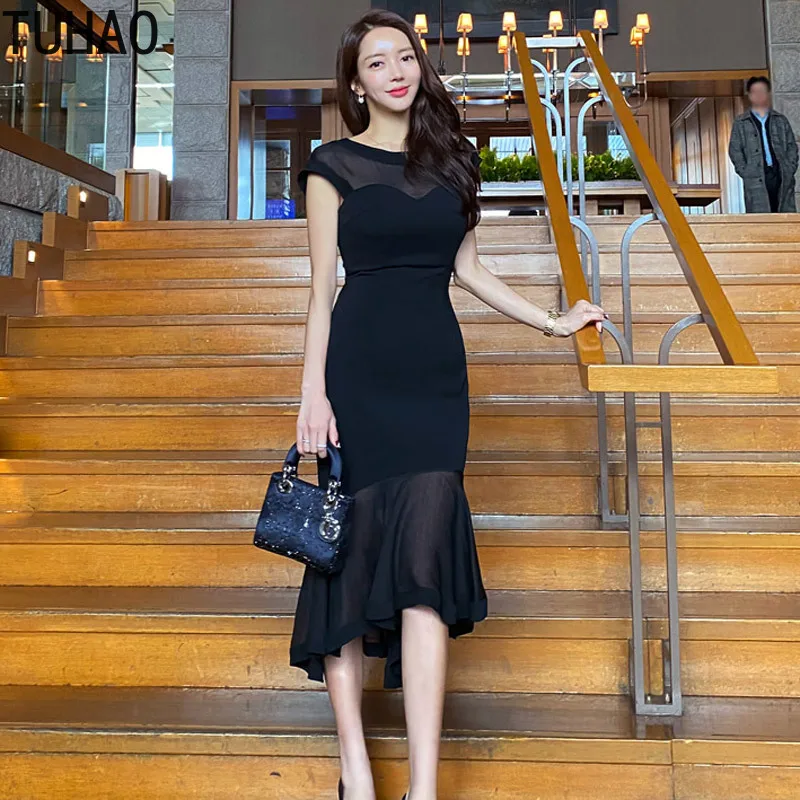 

TUHAO 2020 Spring Summer Women Black Elegant Mermaid Dresses Casual Midi Dress Patchwork Party Dress New Vestidos Female WM89