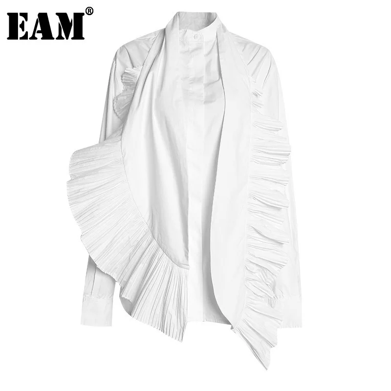

[EAM] 2022 New Spring Autumn Stand Collar Long Sleeve White Pleated Spliced Loose Two Piece Shirt Women Blouse Fashion JR839