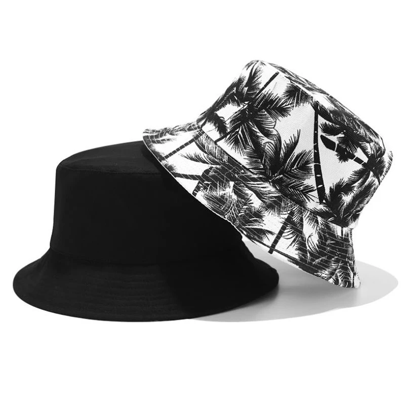 

2021 New Unisex Fashion Summer Reversible Black White Coconut Tree Printed Fisherman Caps Bucket Hats Men Women