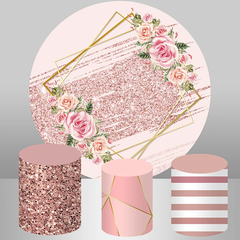 

Rose Gold Glitter Baby Shower Photography Background Photocall Flower Bridal Wedding Party Circle Round Backdrop Cylinder Cover