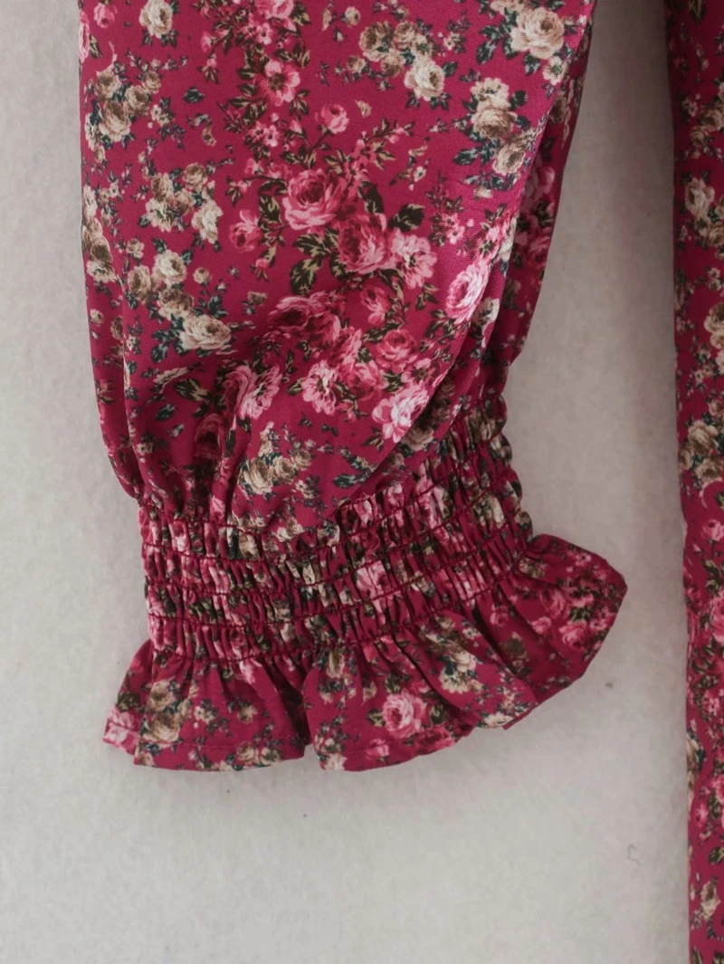 

Fashion Spring Floral Knee Length Dress Women Square Collar Ruffles Lace Up Puff Sleeve Waist Party Dress NX9872