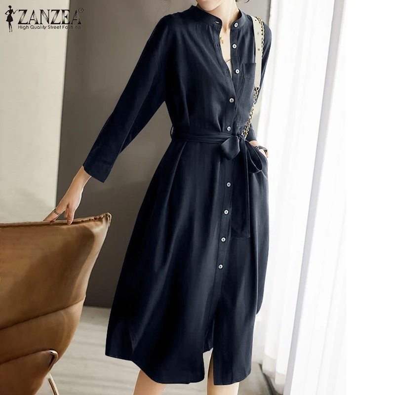 

Женский элегантный осенний сарафан ZANZEA OL, Стильное однотонное платье миди с круглым вырезом и рукавом 3/4, женское платье-рубашка на пуговица...