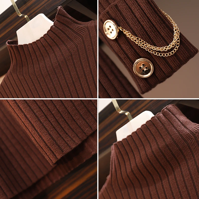 

2021 New Autumn Winter Half Turtleneck Sweater Dress Women Plus Size Knitted Long Pullover Vertical Stripes Female Vestidos