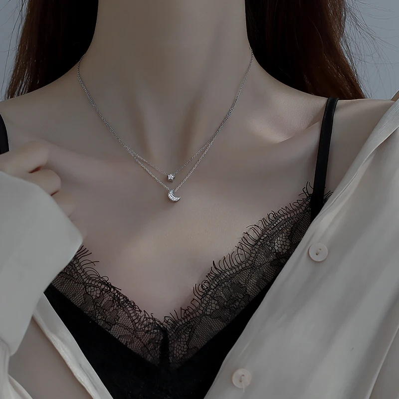 

Silver 925 Sterling Silver Star Moon Double-Layer Necklace for Women 2021 New Niche Design Clavicle Chain Ins Cold Style