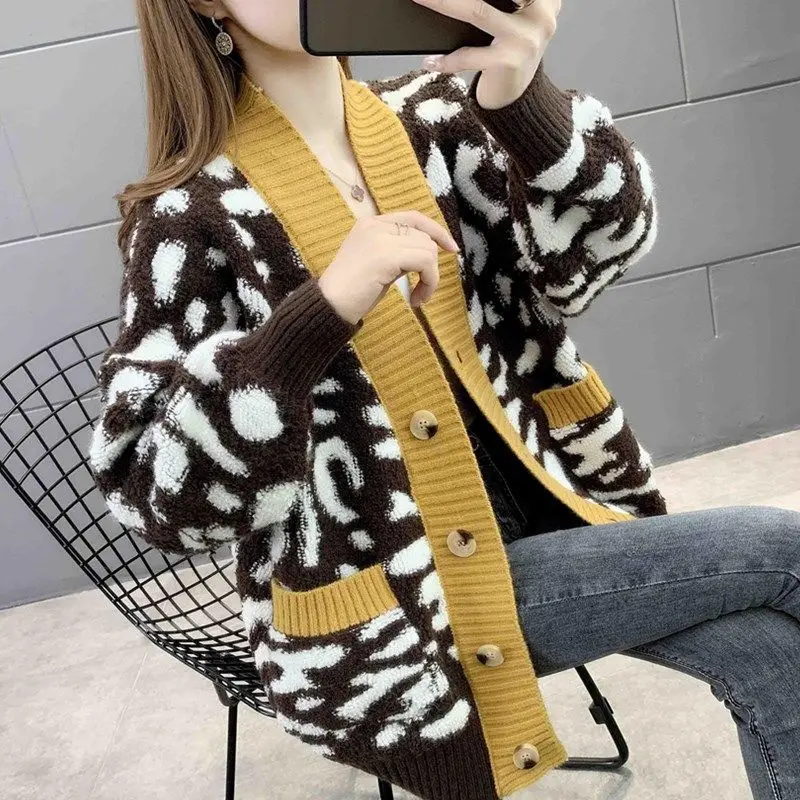 Sllsky желтый вязаный кардиган с леопардовым принтом в Корейском стиле женские