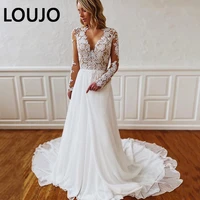 luojo chiffon lace wedding dress with long sleeves plus size women robe de see through appliques v neck sweep train a line brida