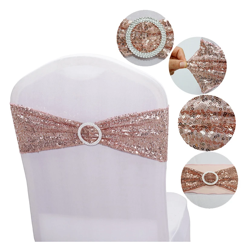 

10/50/100PCS Stretch Sequin Chair Sash Bows Chair Bands with Buckle for Wedding Hotel Banquet Reception Birthday Chair Cover