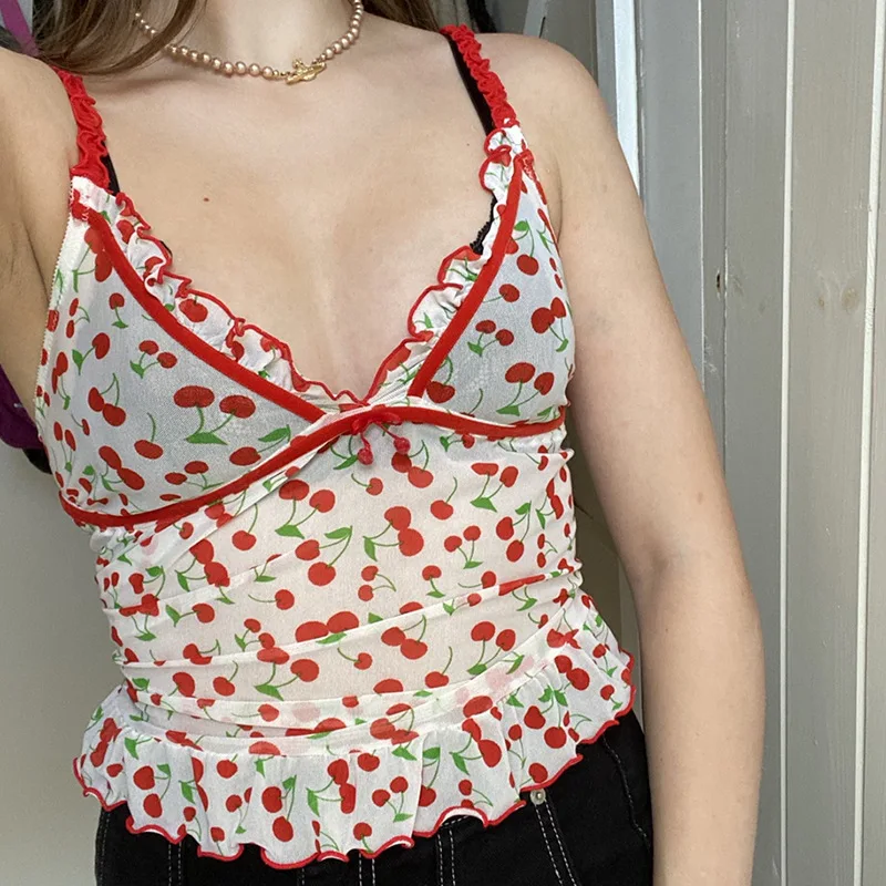

y2k Tank Top Cami Harajuku Fashion 90s 2000s Aesthetic Clothes Streetwear Sweet e girl Cherry Print Crop Top Women 2020 y2k Tank