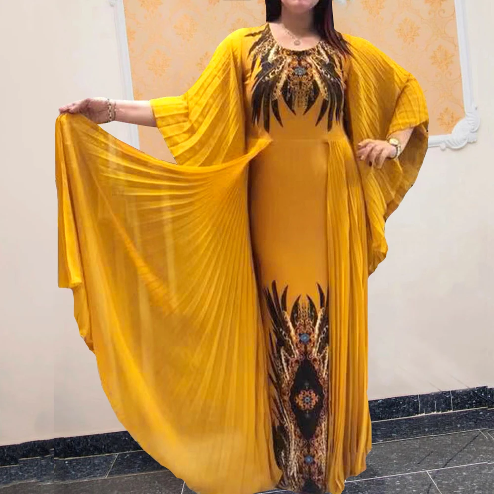 

African Print Pleated Dresses Women Outfit Plus Size Boubou Dashiki Kaftan Moroccan Dress Muslim Abaya Elegant Lady Clothing