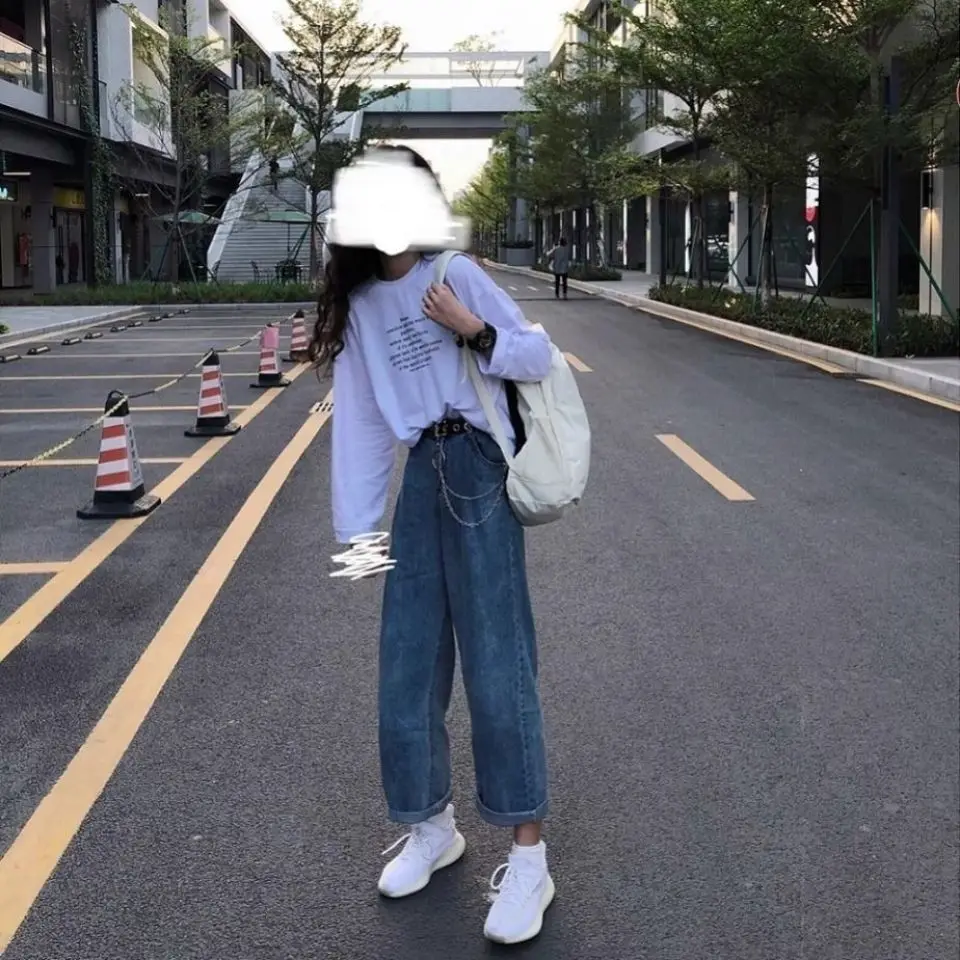 

High waist retro 2020 spring and autumn new loose students slim straight pants wild wide-leg jeans