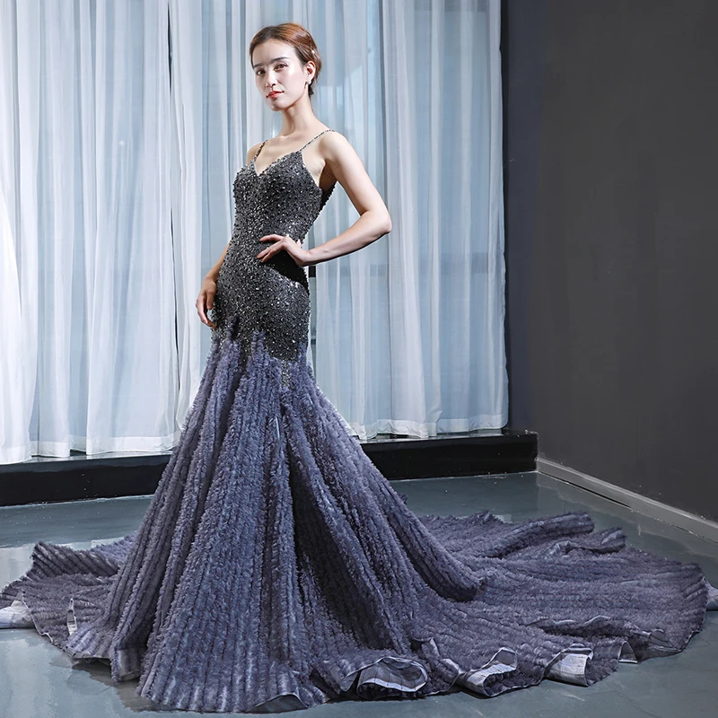 J66943 jancember sexy mermaid evening dresses v-neck beads spaghetti strap sleeveless lace up prom dress robe de soiree 2019