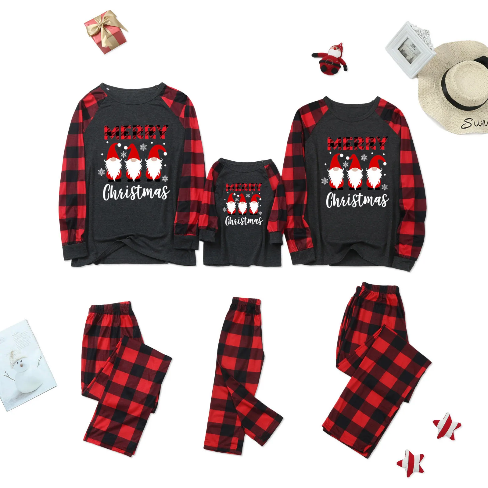 Christmas Pajamas Family Clothes Parent-child Outfit Christmas Dwarf Print Plaid Long-sleeved Trousers Pajama Set Homewear R5