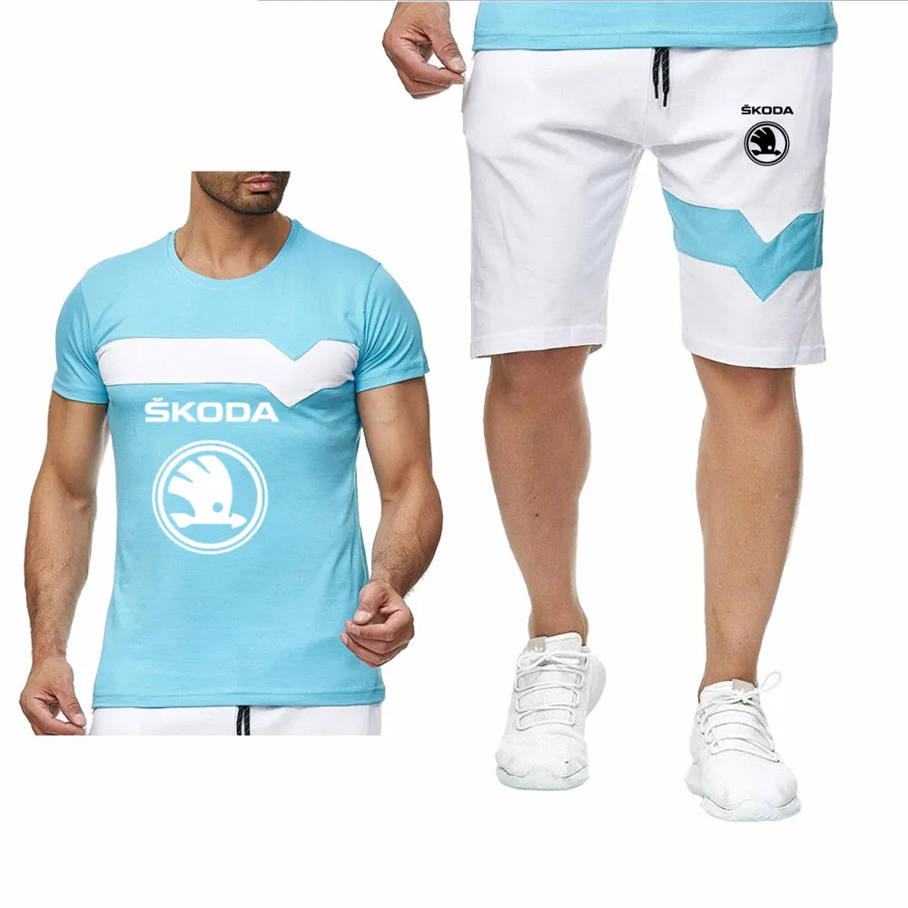 

Unisex Mens Short Sets Skoda Car Logo Summer Sport Suit Men's Sets T-Shirts+shorts Two Pieces Sets Casual O-Neck Sportswear Men