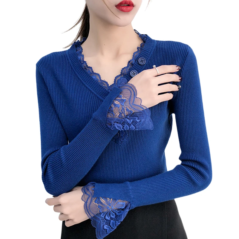 

Lace Patchwork Knitting Women Sweater And Pullovers V-Neck Solid Flare Sleeved Slim Elastic Office Lady Pulls Outwear Tops