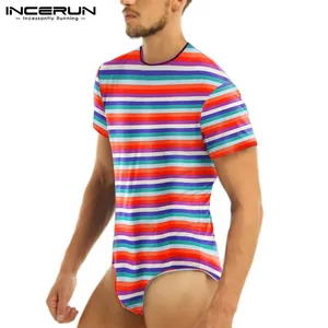 Модный Цветной полосатый боди футболки INCERUN Мужская рубашка с коротким рукавом и круглым вырезом комбинезон футболки человек фитнес сексуальный Camisetas размера плюс