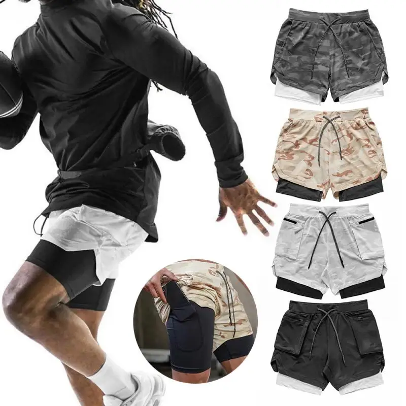 

Men Sports Shorts Quick-dry Breathable Fitness Workout Gym Shorts Double Layers Multi-pocket Men Beach Running Racing Shorts