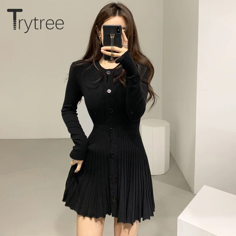 Trytree 2020 Осень Зима Женское Повседневное платье с круглым вырезом вязаное