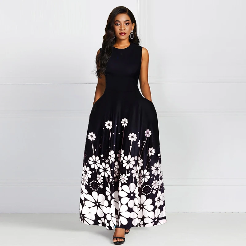 Черный круглый вырез горловины без рукавов Цветочный принт элегантное вечернее