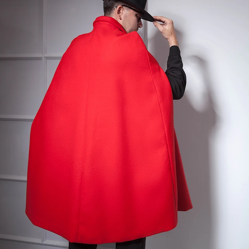 

Big Red Mid-length Shawl Cape Cape European and American Male Nightclub Hip-hop Bar Host DS Woolen Coat Red Overcoat