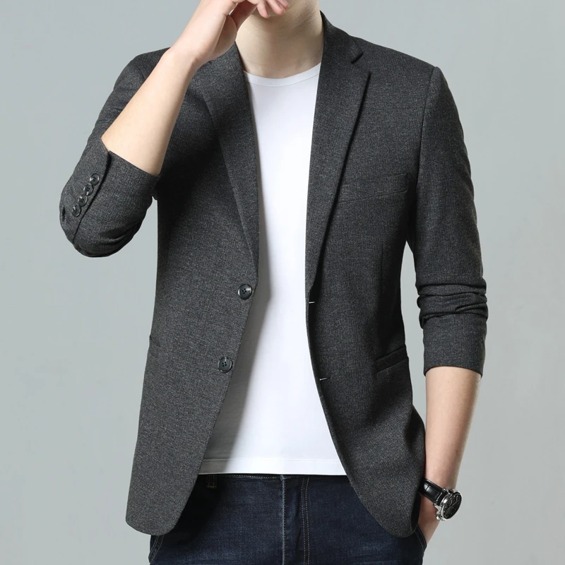 Men Plain Smart Casual Blazer Grey Blue Notched Collar Single-Breasted Slim Fit Jacket Suit Male Outfits 2022 Spring New Arrival