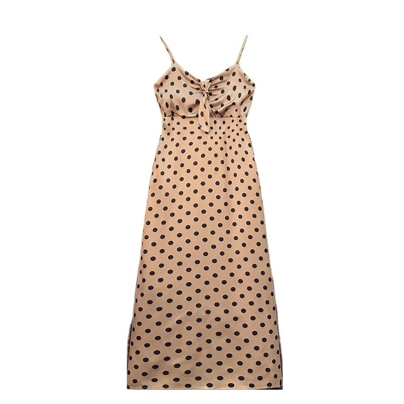 

Halter Split Dress High Waist Womens Plus Size Satin Fabric Dot Spaghetti Strap Dresses Female Chic Elegant Backless Sexy Dress