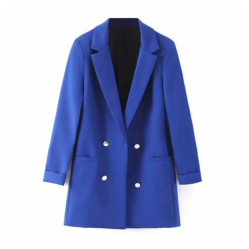 Women chic blue blazer decorate button open stitch pockets back split Violet blazers female work wear stylish coat