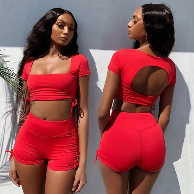 

Women Clothing Workout Seamless Yoga Suit Sportswear Backless Top Shorts Sets Gym Clothes 2 Piece Set Women Running Tracksuit