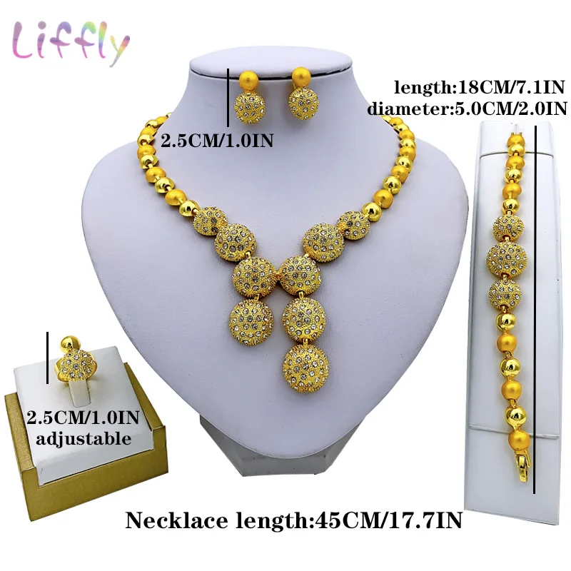 

Liffly Luxury African Beads Bridal Jewelry Set Necklace Bracelet Earrings Ring Indian Wedding Dubai Gold Jewelry Sets for Women