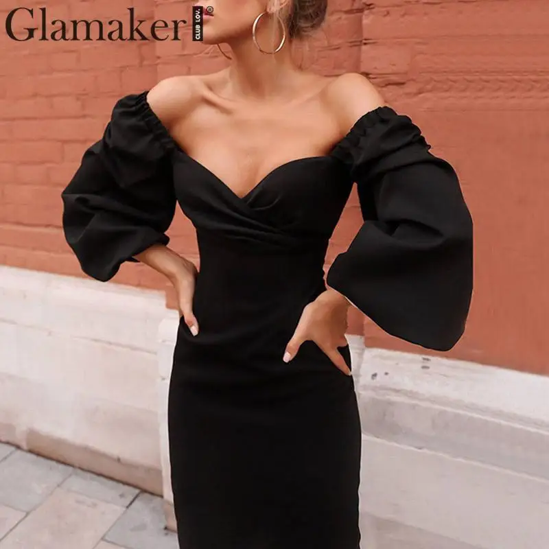 Glamaker винтажное платье с v-образным вырезом и пышными рукавами, облегающее платье с длинным рукавом, элегантное женское платье осень-зима, женские вечерние платья, сексуальное длинное платье