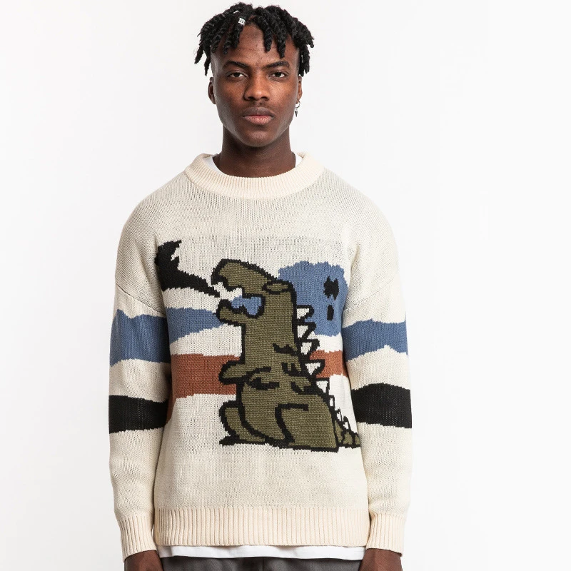 Мужской свитер пуловер с круглым вырезом в стиле хип хоп рисунком динозавра Spitfire