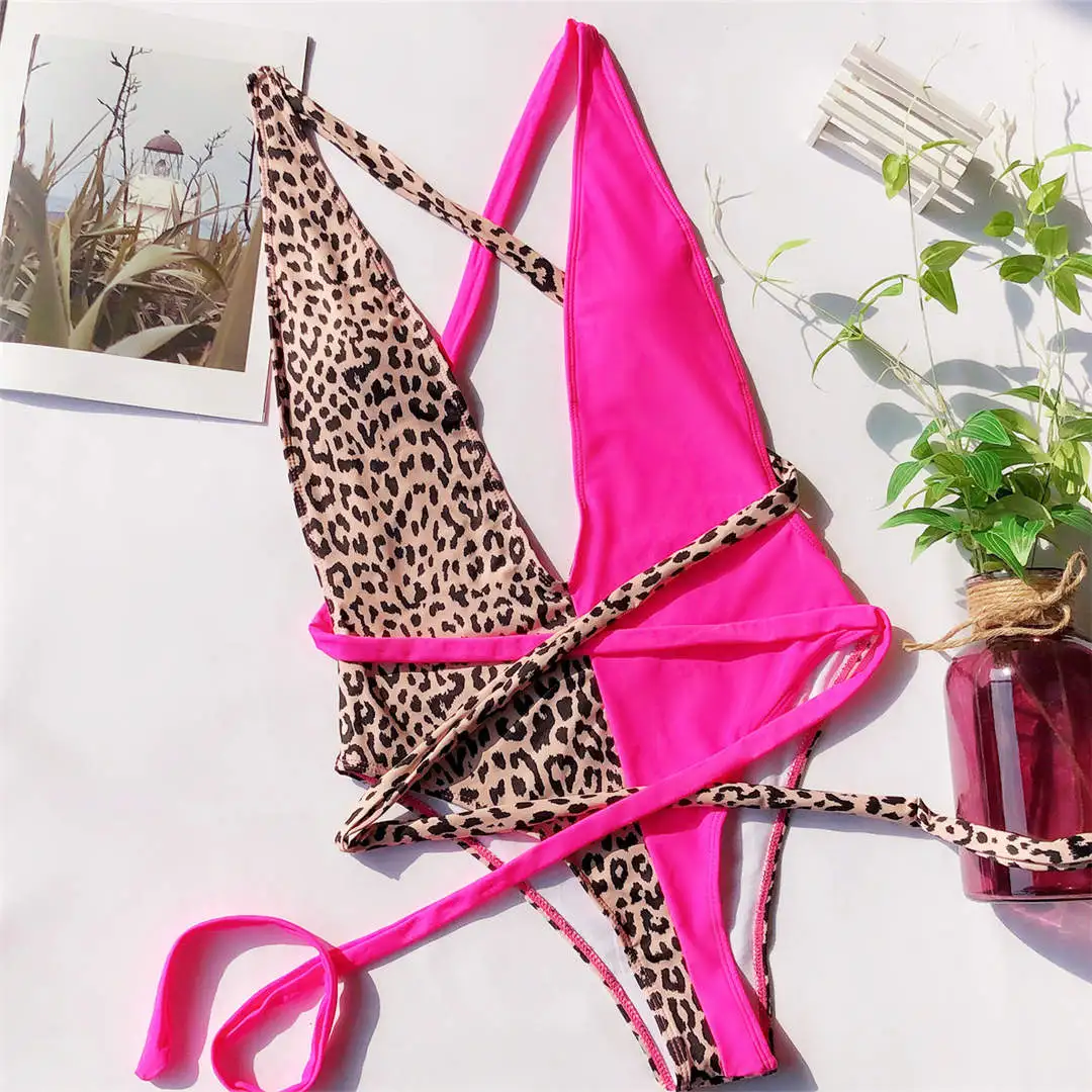 Leopard HotPink Купальный костюм с глубоким v-образным вырезом вокруг шеи, женский купальный костюм, женская одежда для плавания, Леопардовый купальный костюм с высоким вырезом, купальник Монокини V742 - Цвет: Leopard HotPink