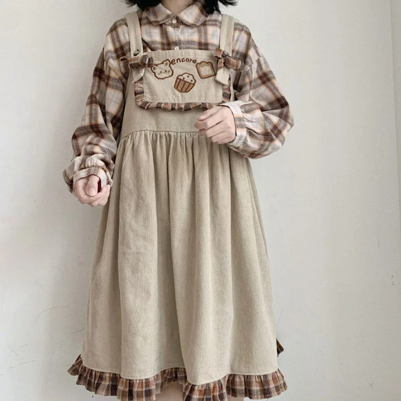 

Lolita Cute Bear Corduroy Overall Dress Women Girls Vintage Bow Plaid Ruffle Harajuku Kawaii Soft Sister Suspenders Dresses New